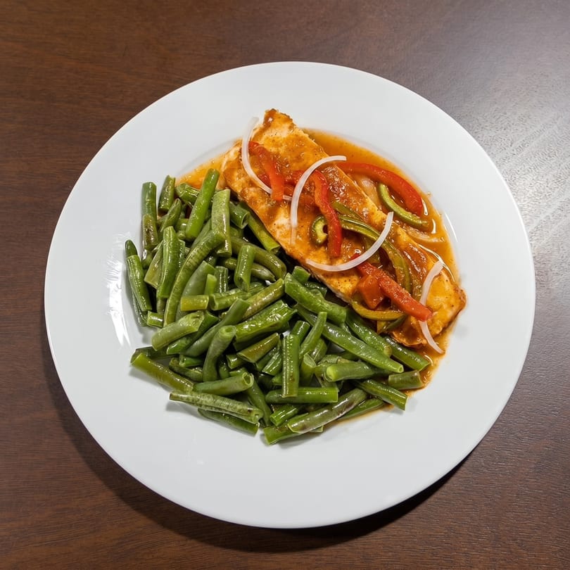 A white plate holds a chicken fillet with peppers and onions in sauce, alongside green beans.