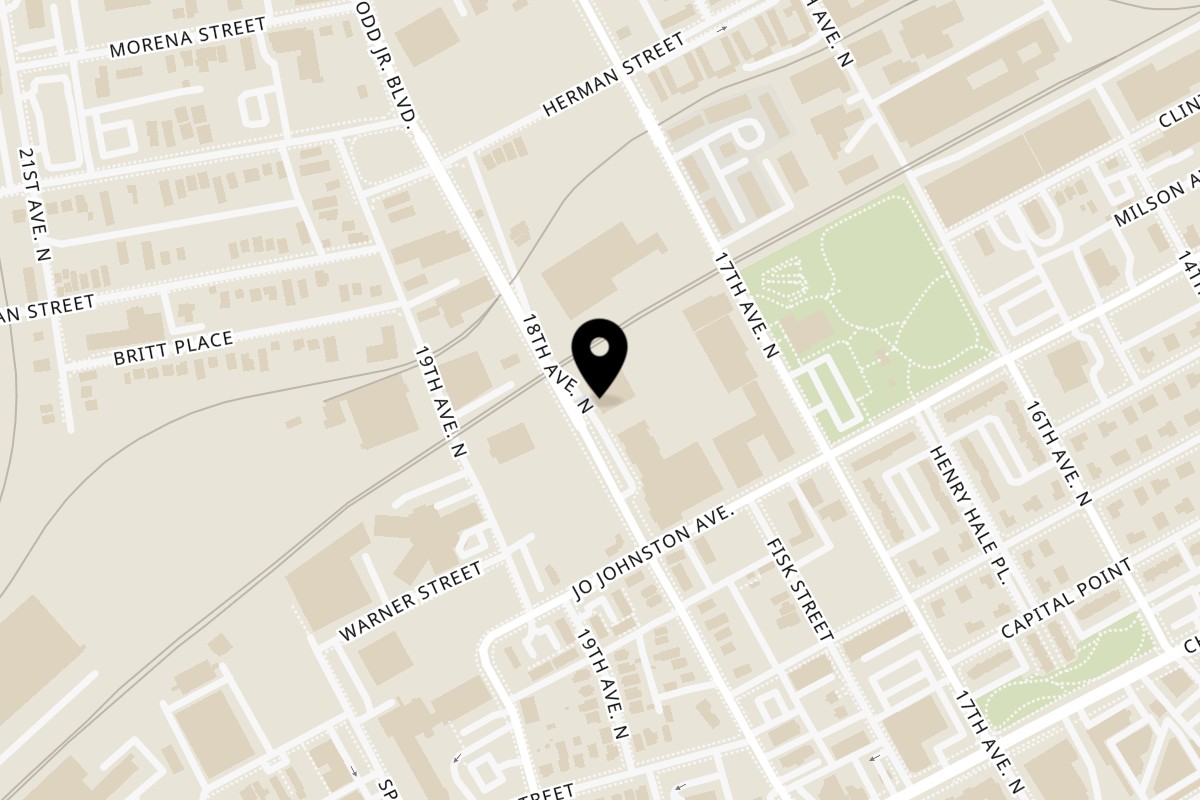 Map showing the location of Chez Lama Haitian Cuisine on 614 18th Avenue N suite 118 in Nashville